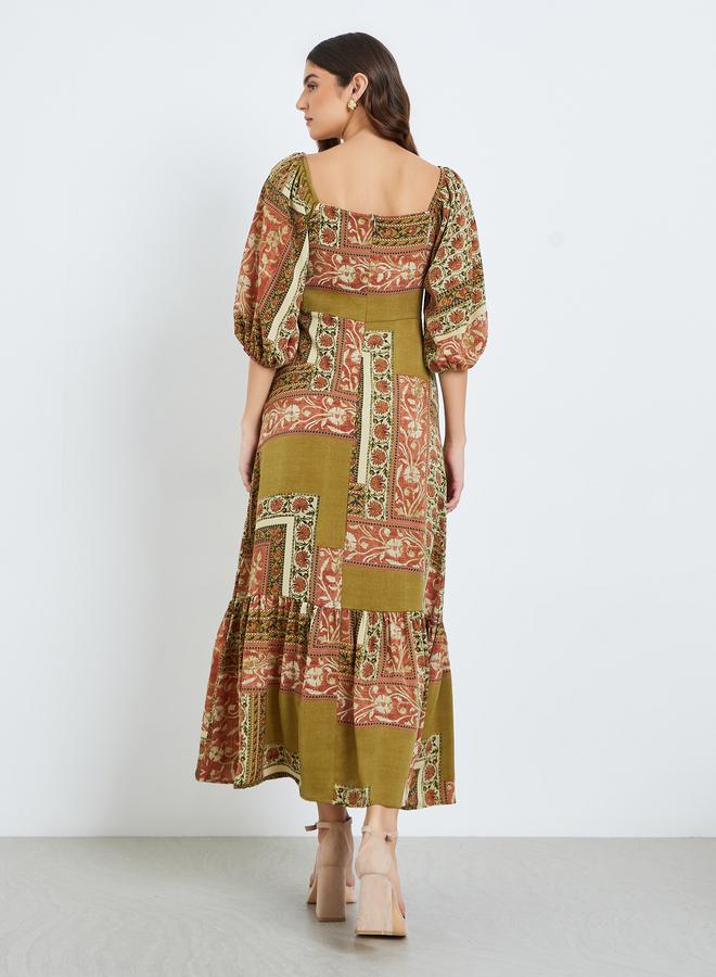 Styli Women Printed Puff Sleeve A-Line Maxi Dress - Image 4